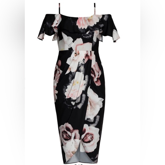 City Chic Cold Shoulder Dress Black Austin Floral Rose Draped Plus Size M 18 - Picture 5 of 15